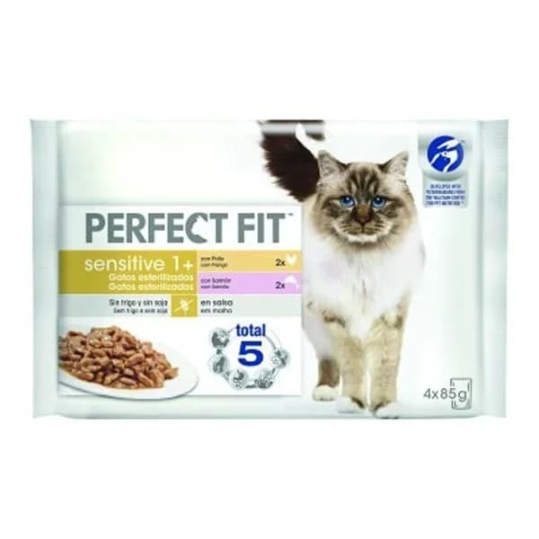 Comida húmeda esterilizada de pollo y salmón para gatos Perfect Fit Sensitive pack de 4 unidades de 85 g. - 0.34 kg - Imagen del producto en Findit