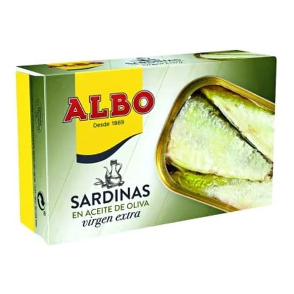 Sardina en aceite de oliva virgen extra ALBO, lata 120 g - 0.09 kg - Imagen del producto en Findit