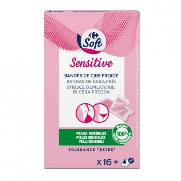 Bandas de cera depilatoria frías zona bikini y axilas pieles sensibles Carrefour Soft 16 ud. - 16.64 ud - Imagen del producto en Findit