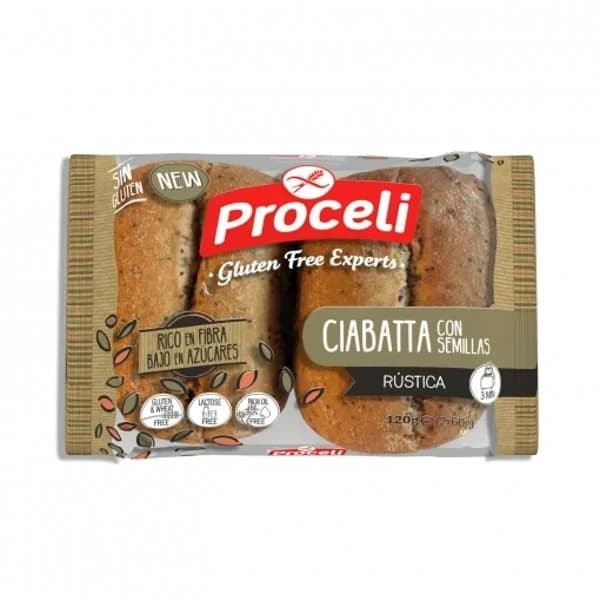 Pan Ciabatta con semillas Proceli sin gluten y sin lactosa 120 g. - 0.12 kg - Imagen del producto en Findit