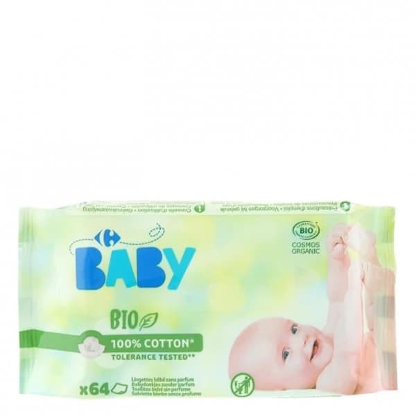 Toallitas para bebé sin perfume ecológicas Carrefour Bio 64 ud. - 63.75 ud - Imagen del producto en Findit