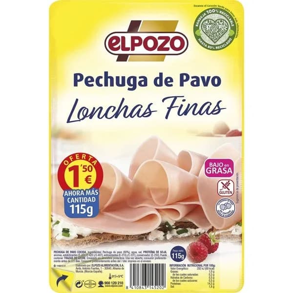 Pechuga de Pavo en lonchas finas El Pozo sin gluten 115 g - 0.12 kg - Imagen del producto en Findit
