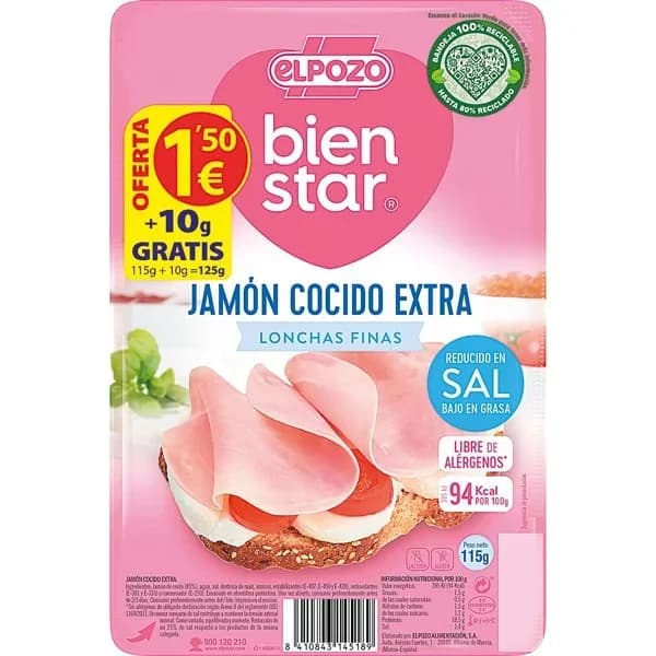 Jamón Cocido Extra 100% Natural en lonchas finas El Pozo Bienstar sin gluten y sin lactosa 115 g - 1 ud - Imagen del producto en Findit