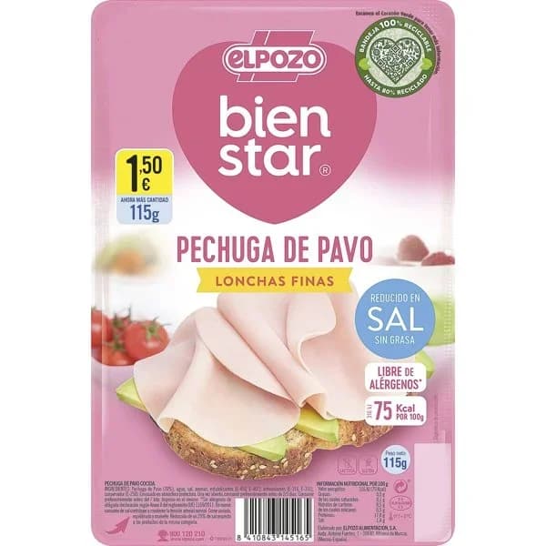 Pechuga de Pavo reducida en sal en lonchas finas El Pozo Bienstar sin gluten y sin lactosa 115 g - 0.23 kg - Imagen del producto en Findit