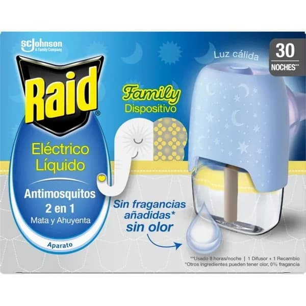 Insecticida eléctrico family RAID, aparato + recambio, 30 dosis - 1 ud - Imagen del producto en Findit