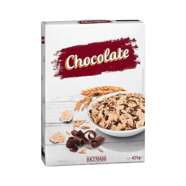 Cereales copos tostados de trigo integral y arroz Hacendado con chocolate - 0.42 kg - Imagen del producto en Findit