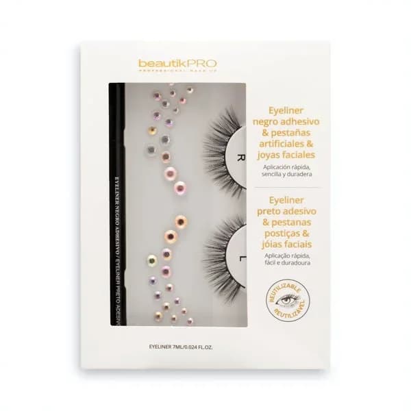 Kit pestañas postizas con eyeliner negro adhesivo y  joyas faciales Beautik Pro - 1 ud - Imagen del producto en Findit