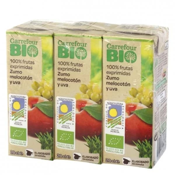 Zumo de melocotón y uva ecológico Carrefour Bio exprimido pack de 3 briks de 20 cl. - 0.6 l - Imagen del producto en Findit