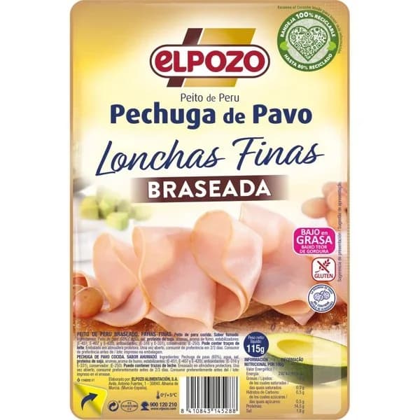 Pechuga de Pavo Braseada en lonchas finas El Pozo sin gluten 115 g - 0.12 kg - Imagen del producto en Findit