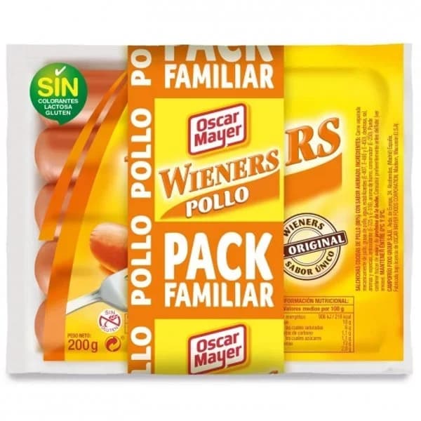 Salchichas wieners pollo Oscar Mayer sin gluten y sin lactosa pack de 3 unidades 200 g. - 1 ud - Imagen del producto en Findit