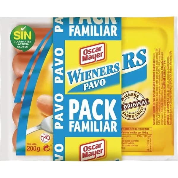 Salchichas de pavo Wieners Oscar Mayer sin gluten y sin lactosa pack de 3 unidades de 200 g. - 1 ud - Imagen del producto en Findit