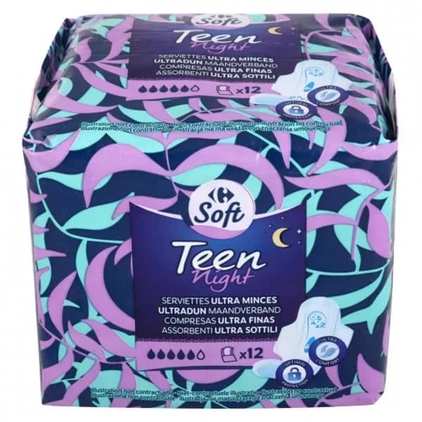 Compresas ultra finas con alas noche Teen night  Carrefour 12 ud. - 12 ud - Imagen del producto en Findit