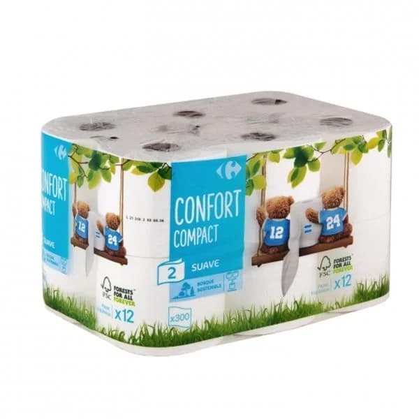 Papel higiénico compact doble rollo Carrefour 12 rollos. - 12.14 ud - Imagen del producto en Findit