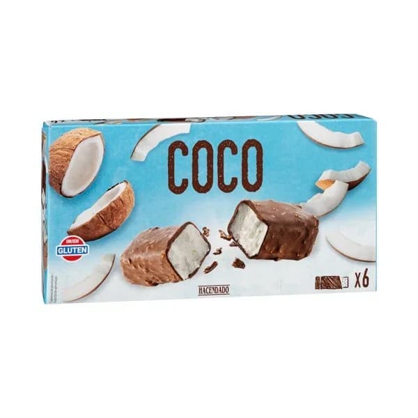Helado barrita crema sabor coco Hacendado con cobertura de chocolate con leche - 1 ud - Imagen del producto en Findit