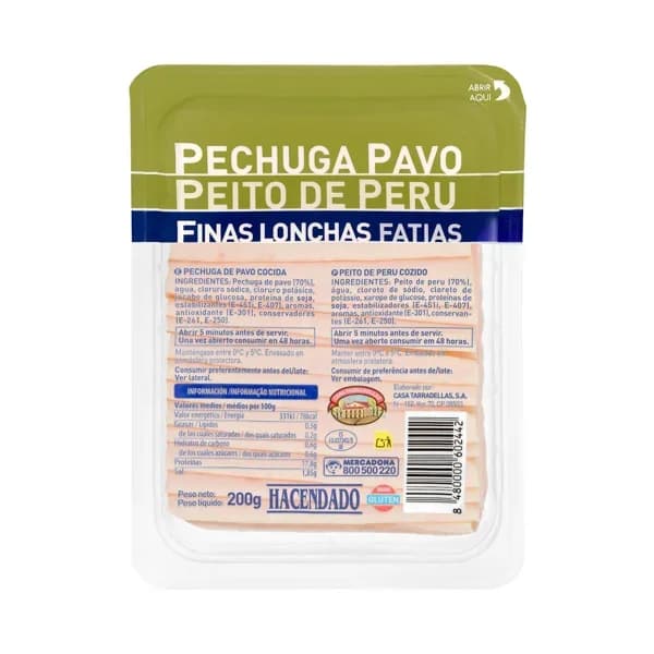 Pechuga de pavo finas lonchas Hacendado - 0.2 kg - Imagen del producto en Findit