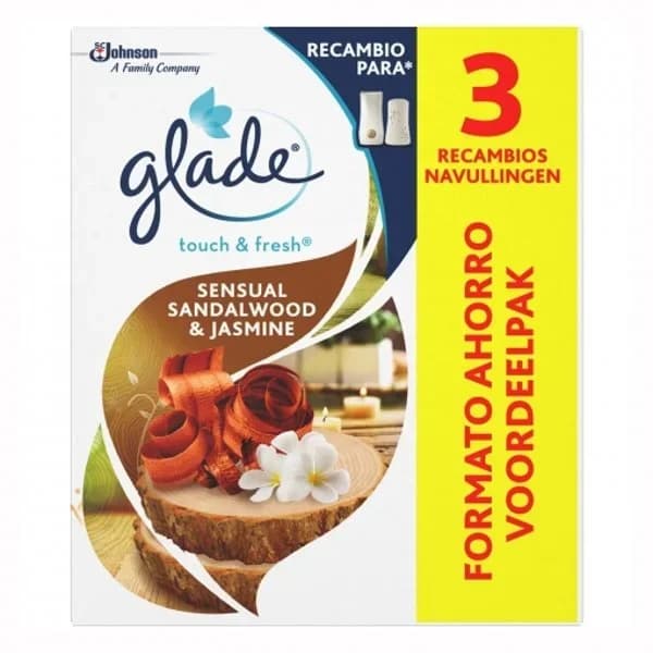 Ambientador automático Sensual Sandalwood & Jasmin recambio Touch & Fresh Glade 3 ud. - 1.28 ud - Imagen del producto en Findit
