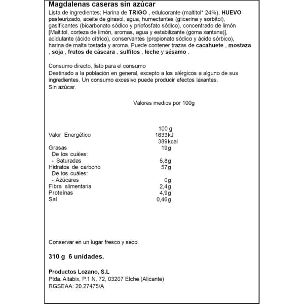 Magdalena Casera sin Azúcar 310G - 0.31 kg - Imagen del producto en Findit
