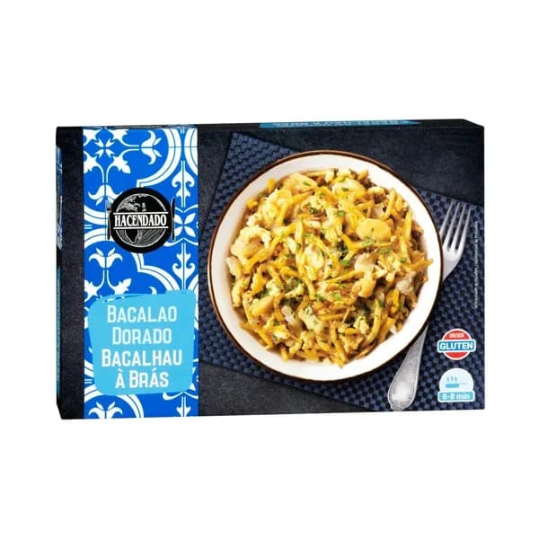 Migas de bacalao dorado con cebolla y patatas paja Hacendado congelado - 0.24 kg - Imagen del producto en Findit
