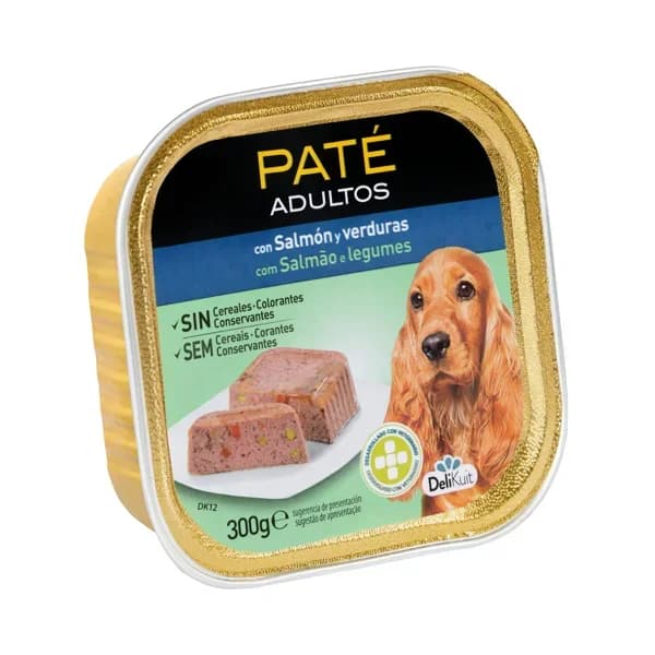 Paté perro adulto Delikuit con salmón y verduras - 0.3 kg - Imagen del producto en Findit