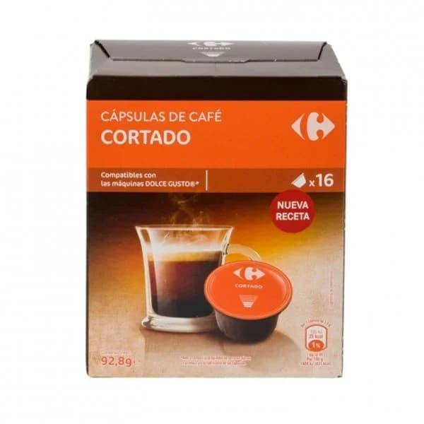 Café cortado en cápsulas Carrefour compatible con Dolce Gusto 16 unidades de 5,8 g. - 15.83 ud - Imagen del producto en Findit