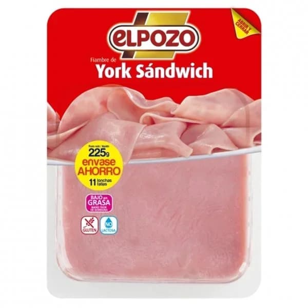 Jamón york el lonchas sándwich El Pozo sin gluten sin lactosa 225 g. - 0.25 kg - Imagen del producto en Findit