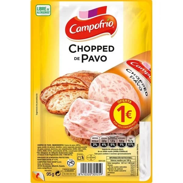 Chopped de pavo en lonchas Campofrio sin gluten 95 g. - 0.1 kg - Imagen del producto en Findit