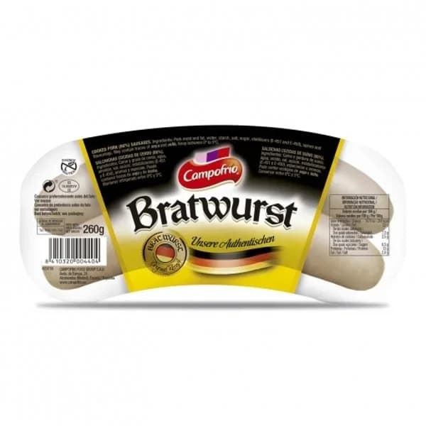 Salchichas alemanas cocidas tipo Bratwurst Campofrío sin gluten 260 g. - 0.26 kg - Imagen del producto en Findit