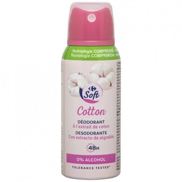 Desodorante en spray algodón protección 48h 0% alcohol Carrefour Soft 100 ml. - 0.1 l - Imagen del producto en Findit