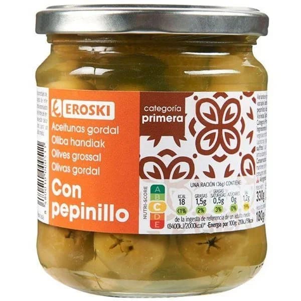 Aceitunas gordal con pepinillo EROSKI, frasco 180 g - 0.18 kg - Imagen del producto en Findit