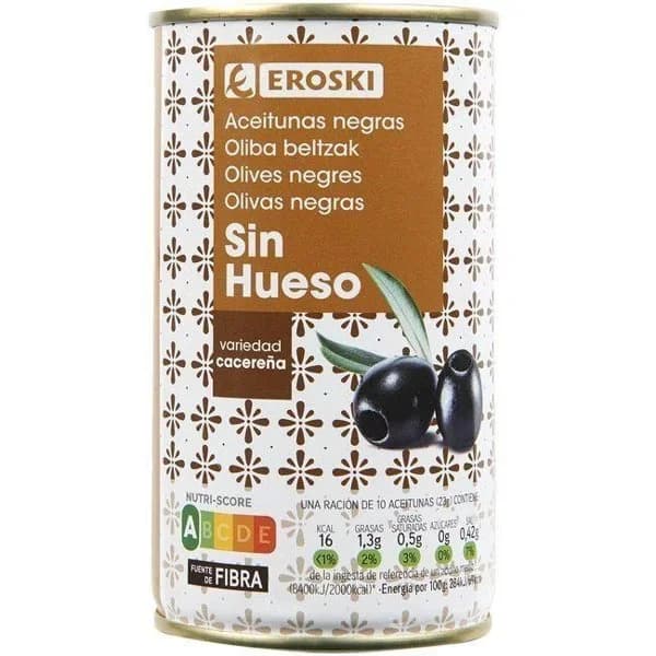 Aceitunas negras sin hueso EROSKI, lata 150 g - 0.15 kg - Imagen del producto en Findit