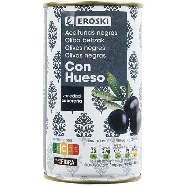 Aceitunas negras con hueso EROSKI, lata 185 g - 0.18 kg - Imagen del producto en Findit