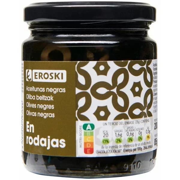 Aceitunas negras en rodajas EROSKI, frasco 85 g - 0.09 kg - Imagen del producto en Findit