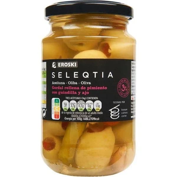 Aceitunas con pimiento EROSKI SELEQTIA, frasco 190 g - 0.19 kg - Imagen del producto en Findit