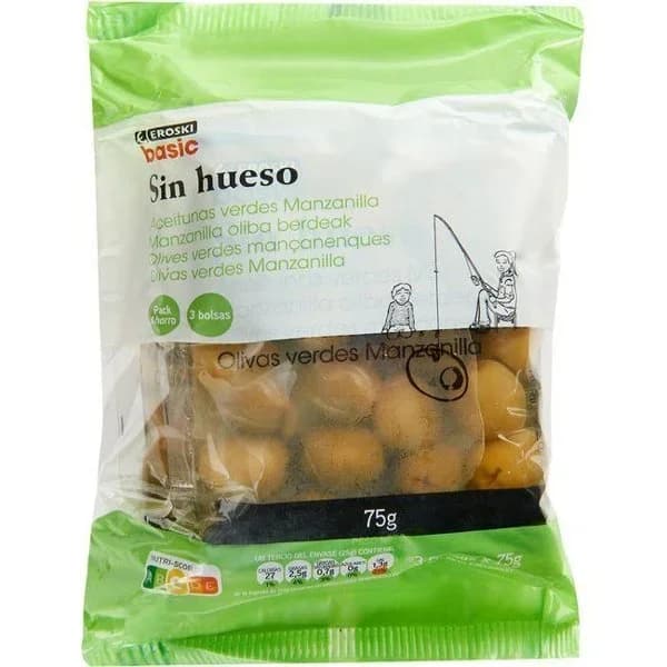 Aceitunas verdes sin hueso EROSKI basic, pack 3x75 g - 0.23 kg - Imagen del producto en Findit