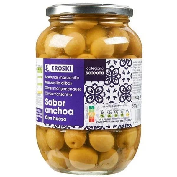 Aceitunas verdes sabor anchoa EROSKI, frasco 500 g - 0.5 kg - Imagen del producto en Findit