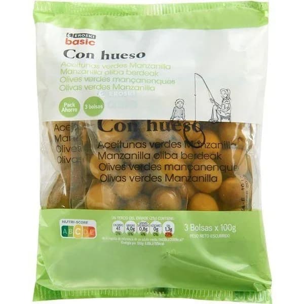 Aceitunas verdes con hueso EROSKI basic, pack 3x100 g - 0.3 kg - Imagen del producto en Findit