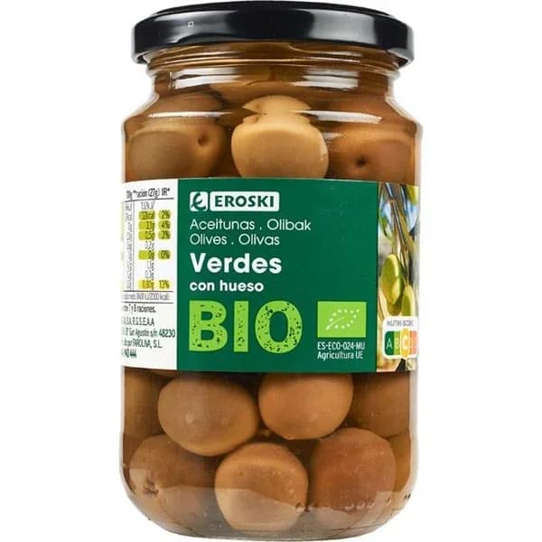 Aceituas verdes EROSKI BIO/ECO, frasco 200 g - 1 ud - Imagen del producto en Findit