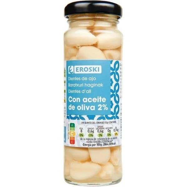 Dientes de ajo con oliva EROSKI, frasco 60 g - 1 ud - Imagen del producto en Findit