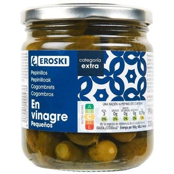 Pepinillos pequeños EROSKI, frasco 190 g - 0.19 kg - Imagen del producto en Findit