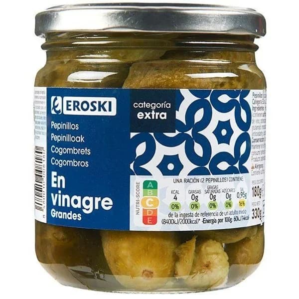 Pepinillos grandes EROSKI, frasco 180 g - 0.18 kg - Imagen del producto en Findit