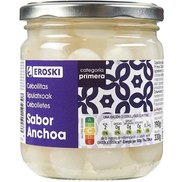 Cebollitas sabor anchoa EROSKI, frasco 190 g - 0.19 kg - Imagen del producto en Findit