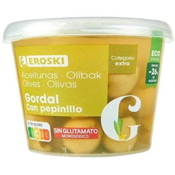 Aceitunas gordal con pepinillo EROSKI, cubeta 250 g - 0.25 kg - Imagen del producto en Findit