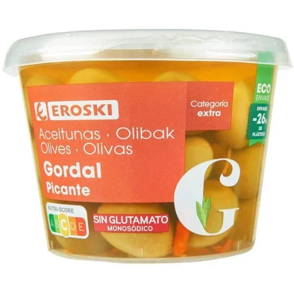 Aceitunas gordal picante EROSKI, tarrina 300 g - 0.3 kg - Imagen del producto en Findit