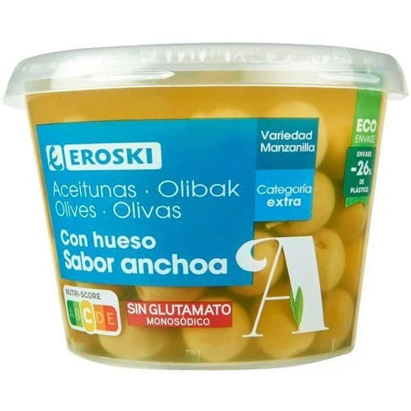 Aceituna sabor anchoa EROSKI, cubeta 300 g - 0.3 kg - Imagen del producto en Findit