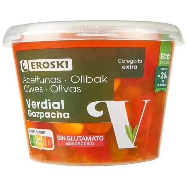 Aceitunas gazpachas EROSKI, cubeta 300 g - 0.3 kg - Imagen del producto en Findit