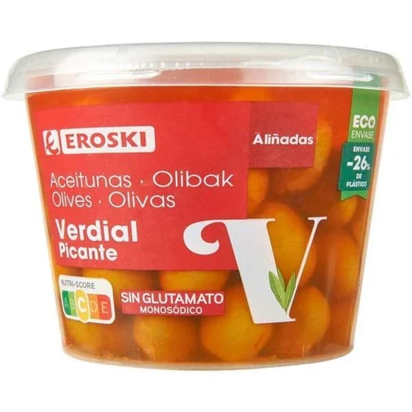 Aceitunas picantes EROSKI, cubeta 300 g - 0.3 kg - Imagen del producto en Findit