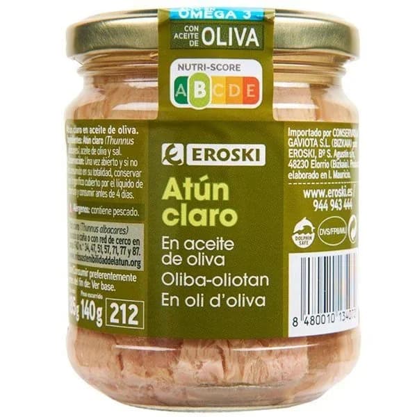 Atún claro en aceite de oliva EROSKI, frasco 185 g - 0.19 kg - Imagen del producto en Findit