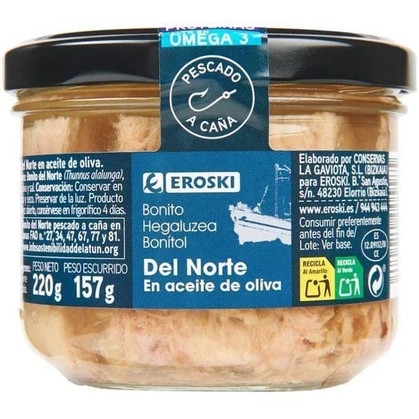 Bonito en aceite de oliva EROSKI, frasco 220 g - 1 ud - Imagen del producto en Findit