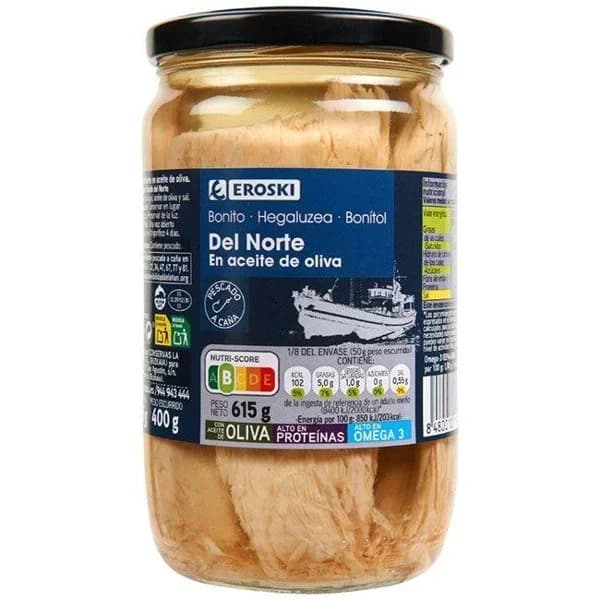 Bonito del norte aceite de oliva EROSKI, frasco 615 g - 1 ud - Imagen del producto en Findit