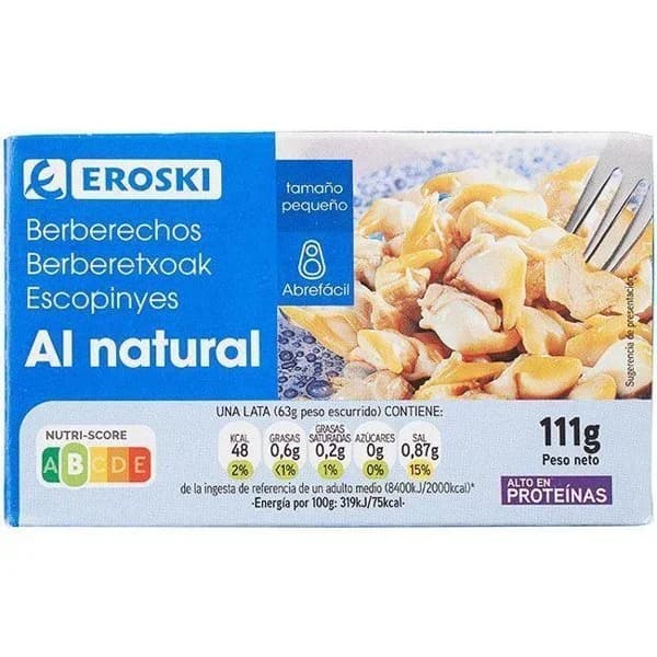 Berberechos pequeños EROSKI, lata 63 g - 1 ud - Imagen del producto en Findit